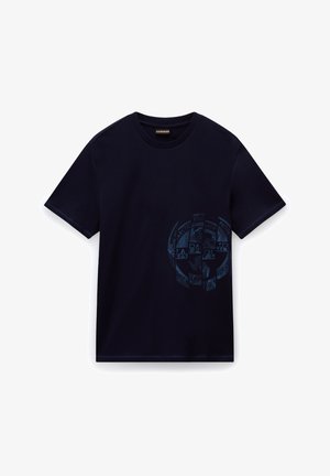 Granatowa bawełniana koszulka z okrągłą grafiką z przodu, z tekstem i wzorami w jaśniejszym odcieniu niebieskiego. Klasyczny okrągły dekolt i krótkie rękawy.