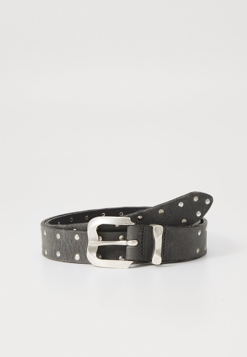 Black leather belt with silver stud accents and a rectangular metal buckle, featuring a smooth texture and a classic design.