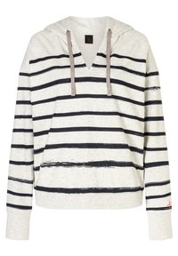 Sudadera a rayas en gris claro y azul marino, con un escote en V, cordones con acentos rojos, mangas largas y un corte relajado. Textura de tela suave.