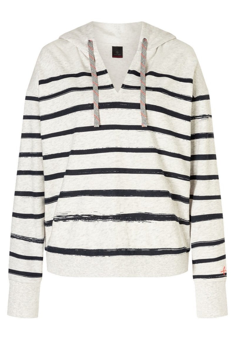Randig huvtröja i ljusgrått och marinblått, med V-ringning, snören med röda accenter, långa ärmar och en avslappnad passform. Mjuk tygtextur.