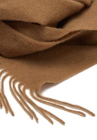 Bruine wollen sjaal met een zachte textuur, voorzien van franjes en een gladde, vloeiende design.