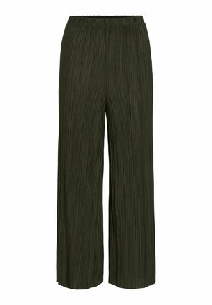 Wide-leg, pleated trousers in dark green fabric, featuring an elastic waistband for comfort and a smooth texture throughout.