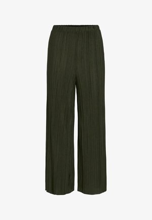 Pantalones de pierna ancha y plisados en tela verde oscuro, con una cinturilla elástica para mayor comodidad y una textura suave en toda su superficie.