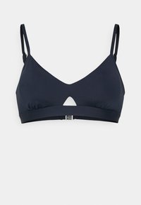 Marinblå bikinitopp med triangulär design, justerbara band och en framklippning. Har en spänne bak. Mjuk textur.