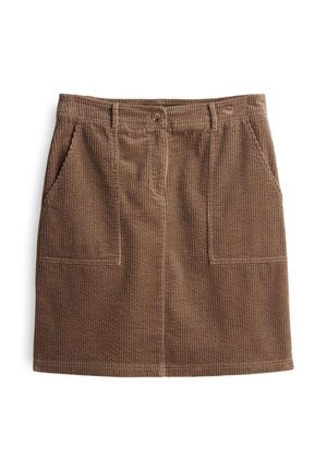 Kastanjebruine corduroy rok met een rechte silhoët, voorzien van twee voorzakken en een knoopsluiting op de taille. Gestructureerde stof.