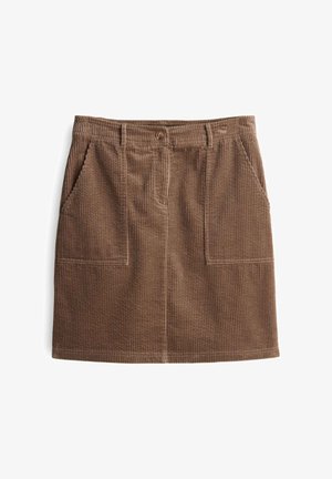 Jupe en velours côtelé brun avec une silhouette droite, présentant deux poches avant et une fermeture à bouton à la taille. Tissu texturé.