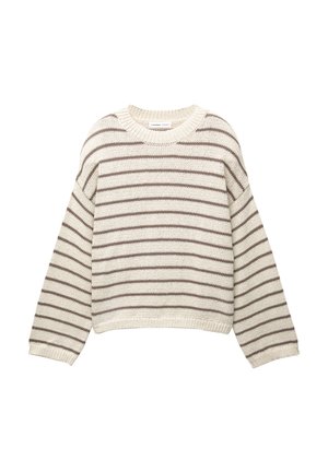 Sweter dzianinowy w paski w kolorze kremowym i brązowym. Posiada okrągły dekolt, długie rękawy, ściągacze przy mankietach oraz luźny fason.