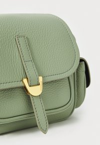 Sac en cuir vert avec une texture granuleuse, doté d'un fermoir en or et d'une fine sangle, rabat arrondi et détails de marque subtils.