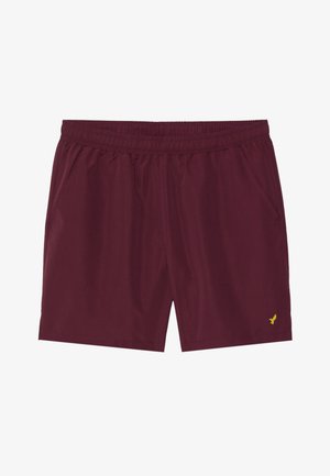 Burgunderfarbene Sportshorts mit einem elastischen Bund, Seiten taschen und einem kleinen gelben Logo unten rechts. Glattes, leichtes Material.