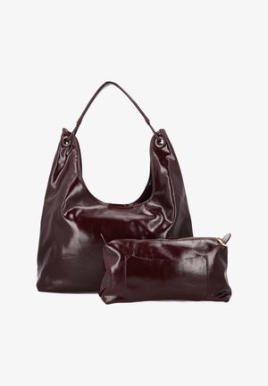 Dunkelburgunderfarbene glänzende Ledertasche mit einem einzigen Schulterriemen, begleitet von einem passenden kleineren Reißverschlussbeutel.