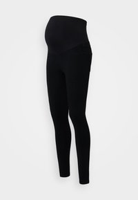 Leggings de maternidad negros con una banda de soporte sobre el abdomen, fabricados en tela elástica, con un diseño ajustado y sin hardware visible.