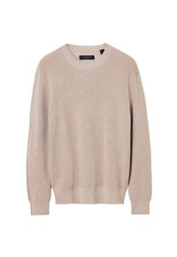 Beżowy sweter z dzianiny z okrągłym dekoltem, długimi rękawami, ściągaczami przy rękawach i u dołu. Posiada teksturowany wzór oraz małe logo na piersi.