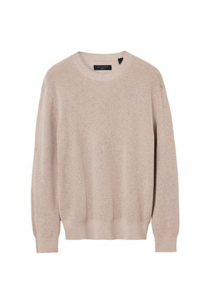 Maglione beige a maglia con scollatura rotonda, maniche lunghe, polsini e orlo a costine. Presenta un motivo testurizzato e un piccolo logo sul petto.