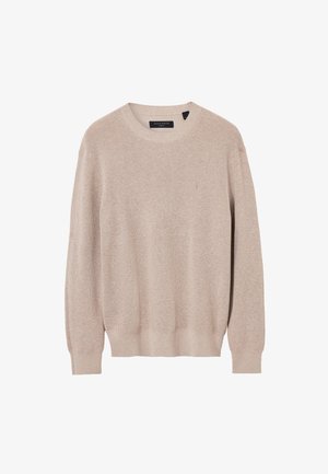 Beżowy sweter z dzianiny z okrągłym dekoltem, długimi rękawami, ściągaczami przy rękawach i u dołu. Posiada teksturowany wzór oraz małe logo na piersi.