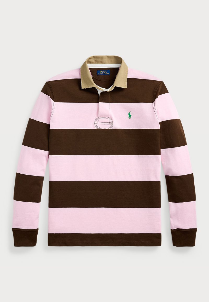 Brown and pink striped long-sleeve polo shirt with a beige collar; features a green logo on the left chest and an embroidered placket.