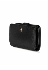 Czarny portfel z teksturowanej skóry z złotym emblematem ptaka, zapięciem na klapkę oraz przegrodą na monety z zamkiem błyskawicznym na białym tle.