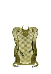 Mochila de malla verde con textura de panal, correas ajustables y bolsillos laterales. Diseño ligero para uso al aire libre.