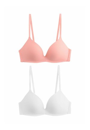 Zwei glatte, leicht gepolsterte BHs mit verstellbaren Trägern, einer in zartem Rosa und der andere in Weiß, auf weißem Hintergrund präsentiert.