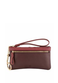 Red leather clutch bag with a textured finish, featuring a gold zipper, chain strap, and a wrist loop for carrying convenience.
