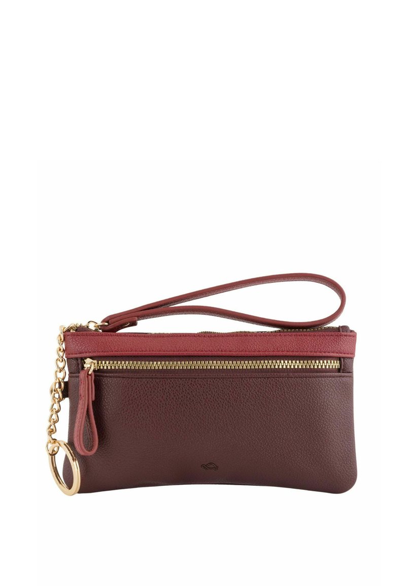 Red leather clutch bag with a textured finish, featuring a gold zipper, chain strap, and a wrist loop for carrying convenience.