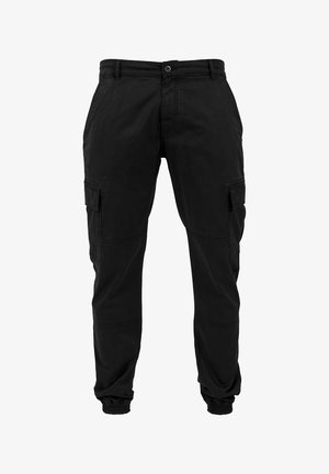 Pantaloni cargo neri con vestibilità rilassata, tasche laterali e polsini elasticizzati. Realizzati in un tessuto resistente con dettagli di cucitura sottili.