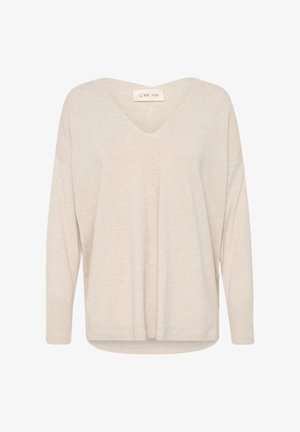 Helles beige Sweatshirt mit V-Ausschnitt und langen, lockeren Ärmeln. Hat strukturierte, gerippte Bündchen und einen lässigen Schnitt. Aus weichem Strickmaterial.