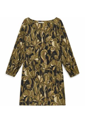 Abito a maniche lunghe con motivo floreale su tutta la superficie nei colori verde oliva, crema e marrone scuro. Scollo rotondo e polsini delle maniche arricciati.