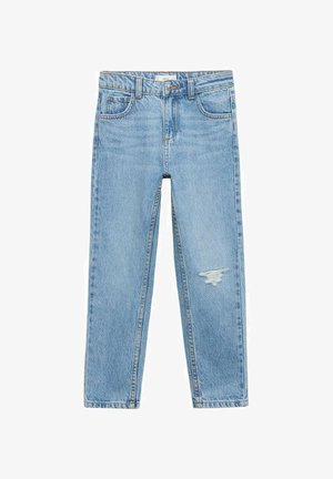 Jeans in denim azzurro chiaro con taglio dritto, dotati di un dettaglio strappato sul ginocchio sinistro e tradizionale design a cinque tasche.