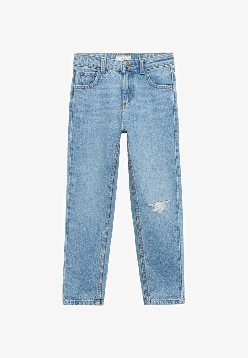 Svijetloplave traperice ravnog kroja, s izrezanom detalj na lijevom koljenu i tradicionalnim dizajnom s pet džepova.