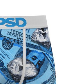 Blue boxer briefs featuring dollar bill and diamond graphics, with a gray elastic waistband displaying "PSD" in blue. Smooth fabric texture.