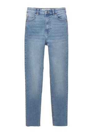 Ljust blå denimjeans med rak benpassform, fem fickor, knappstängning och subtilt nött tyg.