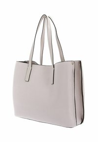 Borsa a tote in pelle grigia con doppi manici, caratterizzata da una texture liscia e un bordo nero in contrasto lungo i lati.
