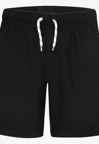 Sorte shorts laget av mykt stoff, med elastisk midjebånd og hvit snor, samt subtile sømdetaljer langs kanten.