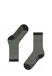 Schwarz und grau gemusterte Socken mit einem Hahnentritt-Muster, verstärkt mit schwarzen Spitzen- und Fersenakzenten, sowie einer gerippten Textur am oberen Rand.