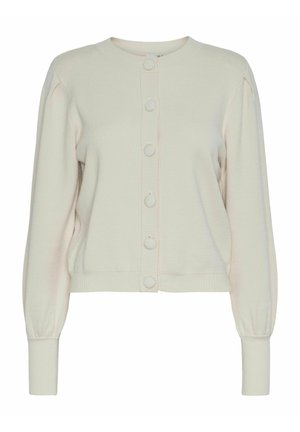 Light beige cardigan made of soft knit material, featuring a round neckline, long sleeves, and front button closure with large buttons.
