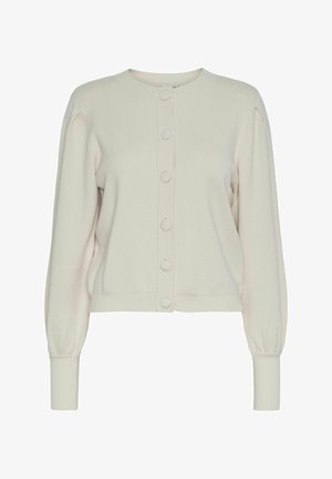 Valkoinen beige neuletakki, joka on valmistettu pehmeästä neulemateriaaliesta. Siinä on pyöreä kaula-aukko, pitkät hihat ja etuvetoketju suurilla napituksilla.