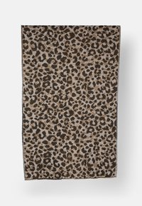 Tessuto a stampa leopardo con sfondo beige e macchie marroni scure e nere. I bordi sono rifiniti in modo ordinato per garantire resistenza.