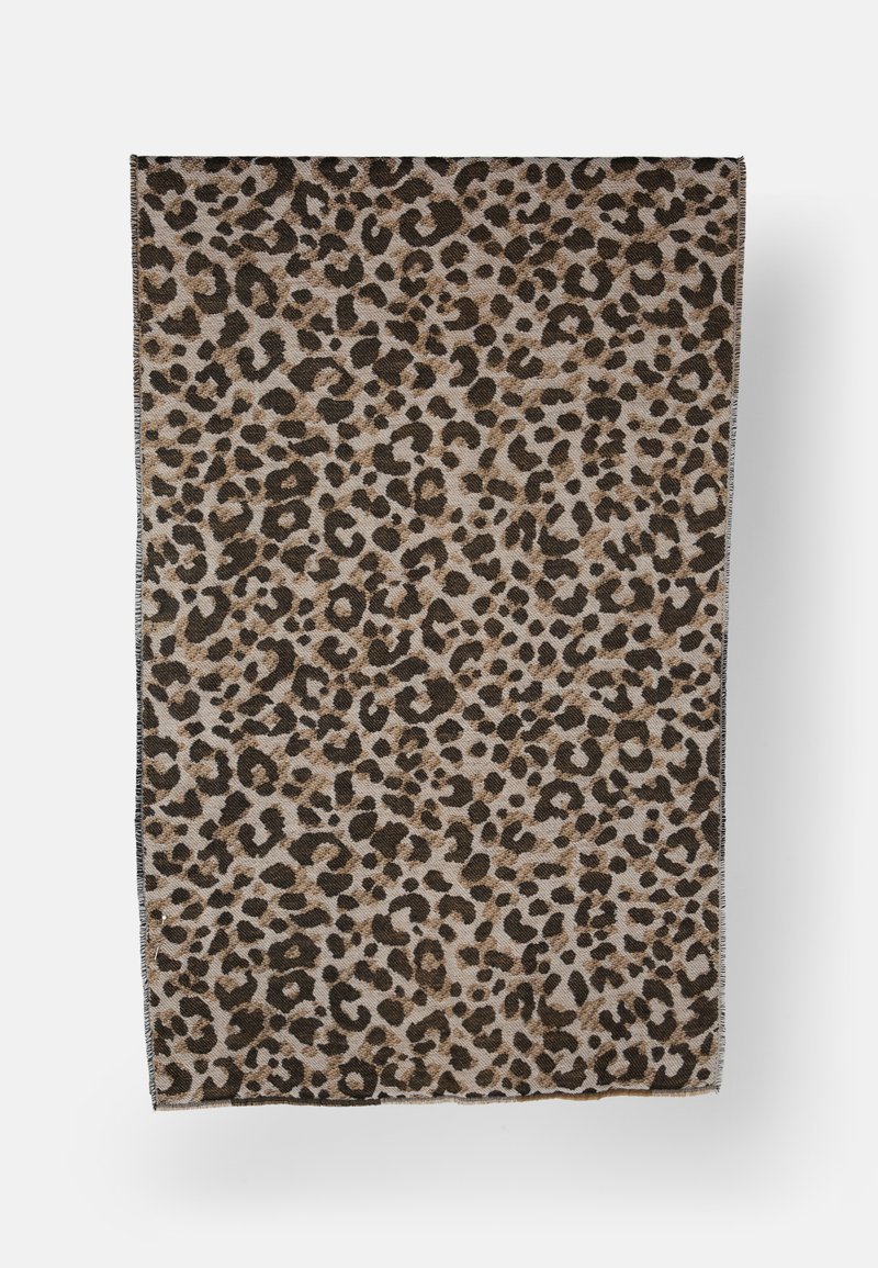 Tessuto a stampa leopardo con sfondo beige e macchie marroni scure e nere. I bordi sono rifiniti in modo ordinato per garantire resistenza.