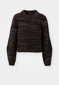 Knit sweater in dark hues featuring a textured, multicolored pattern. Cropped design with long sleeves and a round neckline.