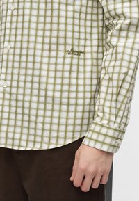 Chemise à manches longues à carreaux blancs et verts avec des boutons et un logo brodé sur la poitrine, portée avec un pantalon marron foncé.