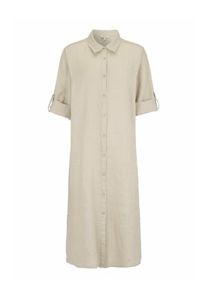 Beige Midikleid im Hemdstil mit durchgehender Knopfleiste, hochgekrempelten Ärmeln und Kragen, aus leichtem Stoff gefertigt.