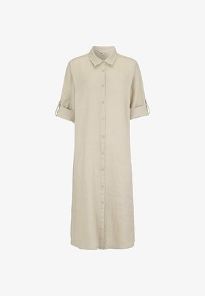 Beige Midikleid im Hemdstil mit durchgehender Knopfleiste, hochgekrempelten Ärmeln und Kragen, aus leichtem Stoff gefertigt.