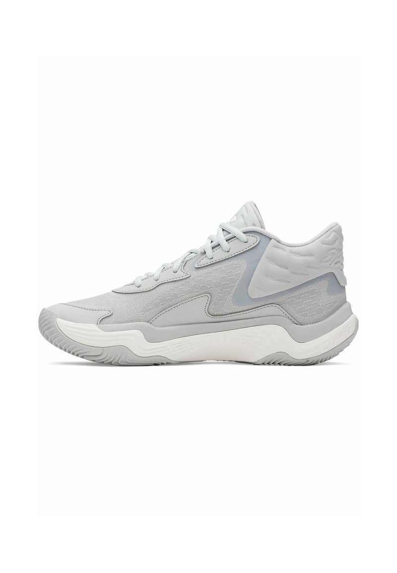 Light grey athletic sneakers with a mesh upper, rubber sole, textured accents on the heel, and traditional lace-up design.