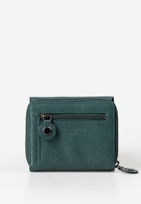 Teal leather wallet with a zipper closure, a round zipper pull, embossed brand name, and textured surface. Compact rectangular shape.