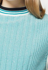 Primo piano di una persona che indossa un maglione a maglia con un motivo turchese e bianco, dotato di un colletto a righe nere, bianche e turchesi.