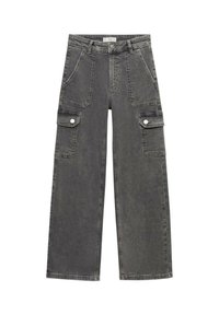 Cargo byxor i tvättad grå denim, med vida ben, fyra fickor och silverfärgade knappar. Strukturerad tyg med lätt blekning.