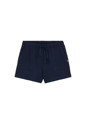 Pantaloni scurți din țesătură texturată albastru marin, cu talie cu snur și două buzunare aplicate frontale, având un mic logo brodat pe buzunarul din dreapta.