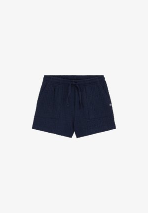 Pantaloncini in tessuto blu navy testurizzato con vita a coulisse e due tasche applicate frontali, con un piccolo logo ricamato sulla tasca destra.