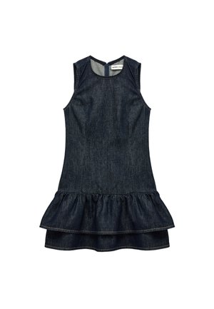 Robe en denim bleu foncé sans manches avec encolure ronde et ourlet volanté double couche.