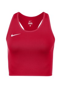 Bra sportivo rosso realizzato in tessuto liscio e elasticizzato. Presenta un collo rotondo, un design a schiena scoperta e un piccolo logo Nike bianco sul fronte.